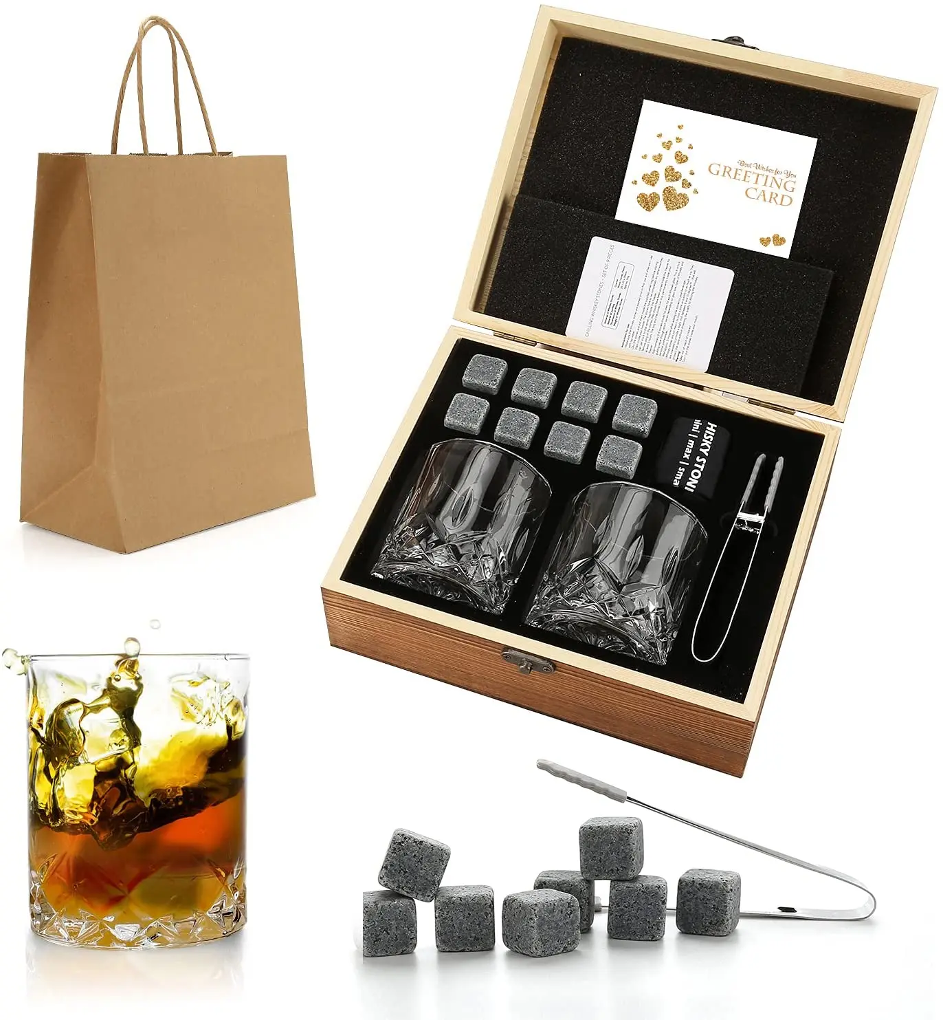 Whisky Stones & Glasses Set, Granite Ice Cube Per Whisky, Whisky Chilling Rocks In Scatola Di Legno, Miglior Regalo Per Papà Marito Uomo