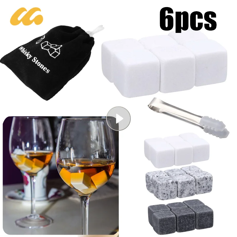 6Pcs Whisky Stones Sipping Ice Cube Cooler Riutilizzabile Whisky Ice Stone Whisky Natural Rocks Bar Wine Cooler Party Regali Di Nozze