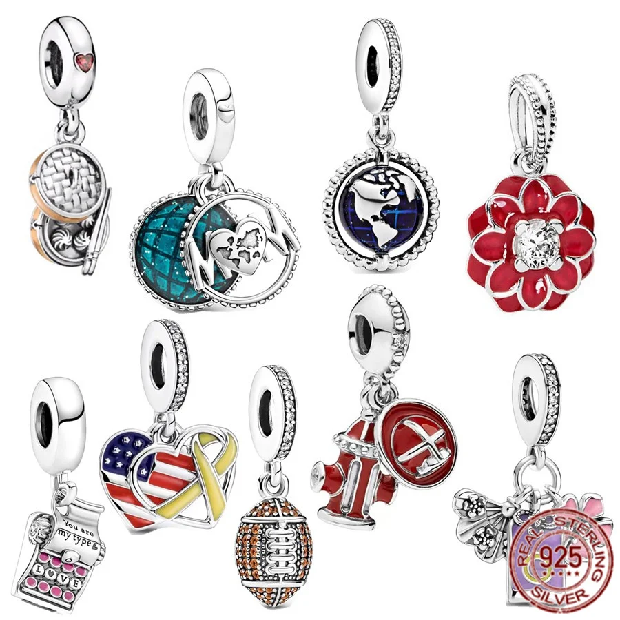 Ciondolo In Argento 925 Glitter Globe Mom Football Americano Safflower Charm Beads Fit Originale Pandora Bracciale Collana Gioielli Fai Da Te