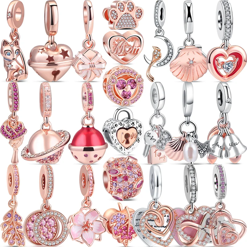 New 925 Sterling Silver Beads Flowers Leaves Eternal Heart Forever Love Mom Rose Gold Beads Fit Original Pandora Charms Bracciale