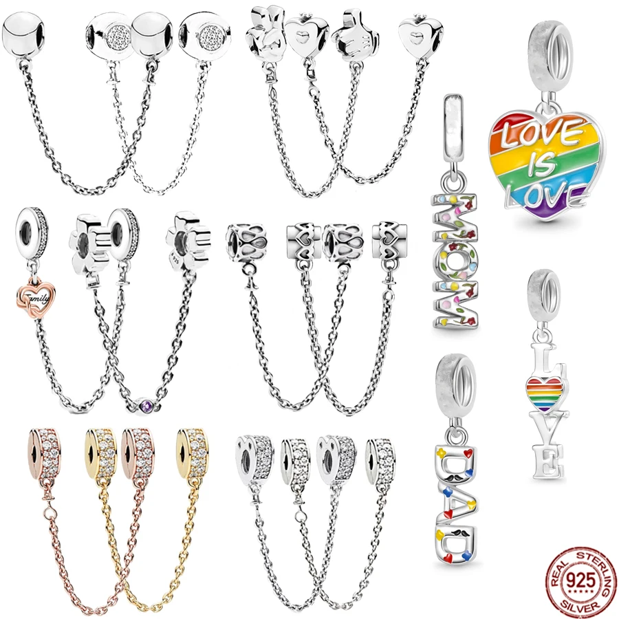 Nuovi Arrivi 925 Sterling Silver Sparkling Pavé Heart Safety Chain Charm Dad Love Mom Jewelry Bead Fit Bracciale Pandora Originale