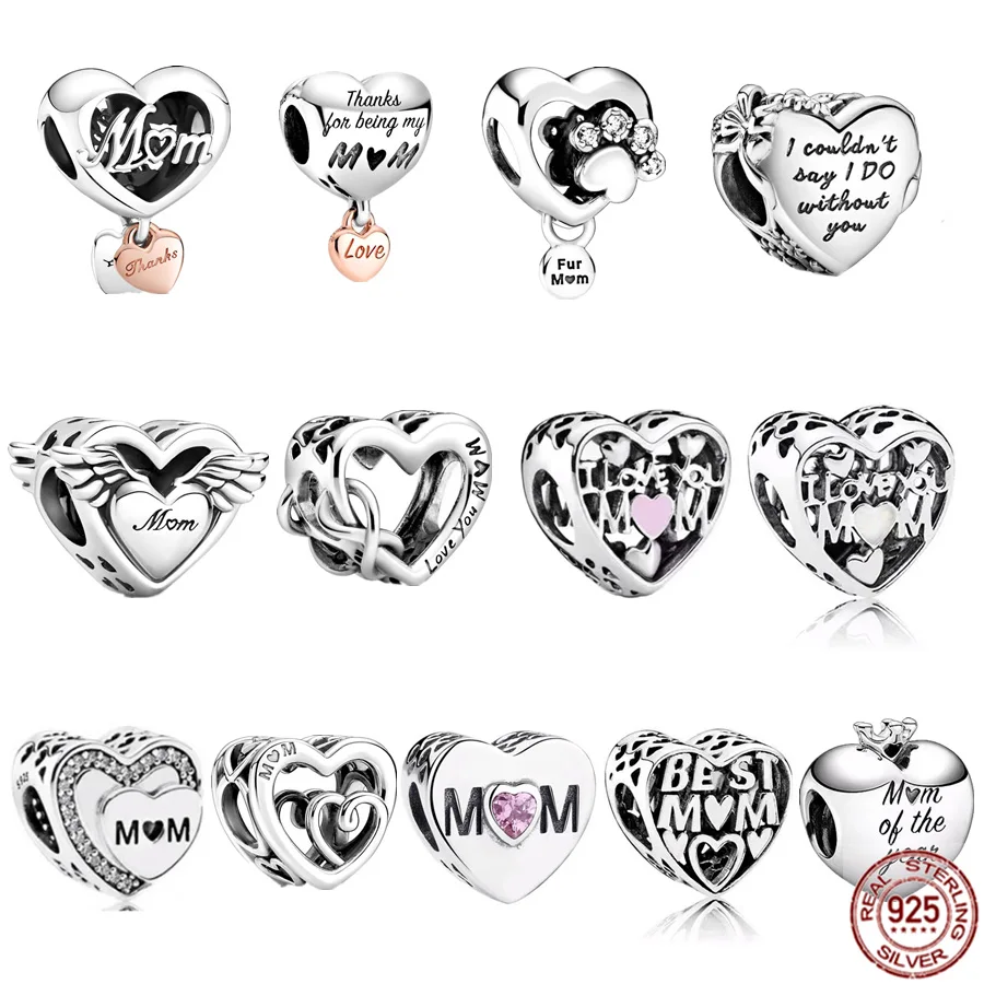 Autentico Argento Sterling 925 Love You Mom Heart Charm Bead Fit Original Pandora Bracciale Bangle Fine Jewelry Gift For Women