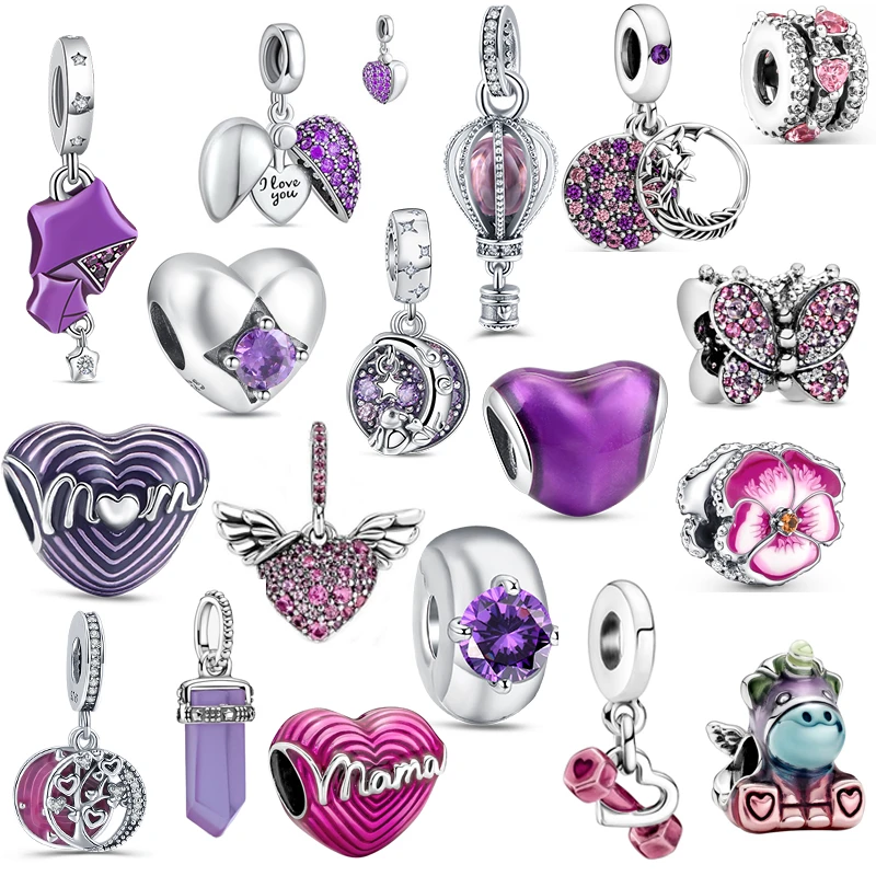 Purple Series 925 Sterling Silver Charm Magic Unicorn Butterfly Mom Heart Shiny Beads Fit Original Pandora Bracciale Fine Jewelry
