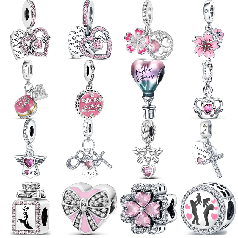 925 Sterling Silver Pink Mom Flower Heart Birthday Cake Balloon Angel Love Beads Fit Original Pandora Charm Bracciale Gioielli Fai Da Te