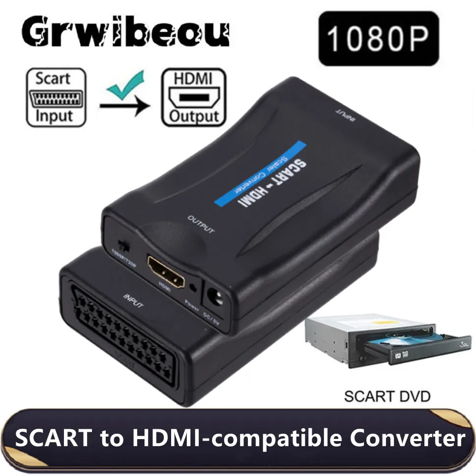 Grwibeou Convertitore Da Scart A Hdmi 1080P/720P Supporto Pal/Ntsc 3.58/ Ntsc 4.43/ Secam Per Dvd Sky Box N64 Vhs Ps4 Vcr Wii Blu-Ray