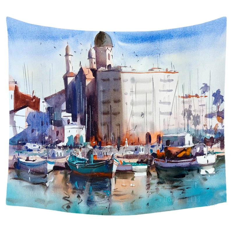 Amit Kapoor Dipinti Ad Acquerello Master In Scala Natura Indian Village Temple Landscape Tapestry By Ho Me Lili