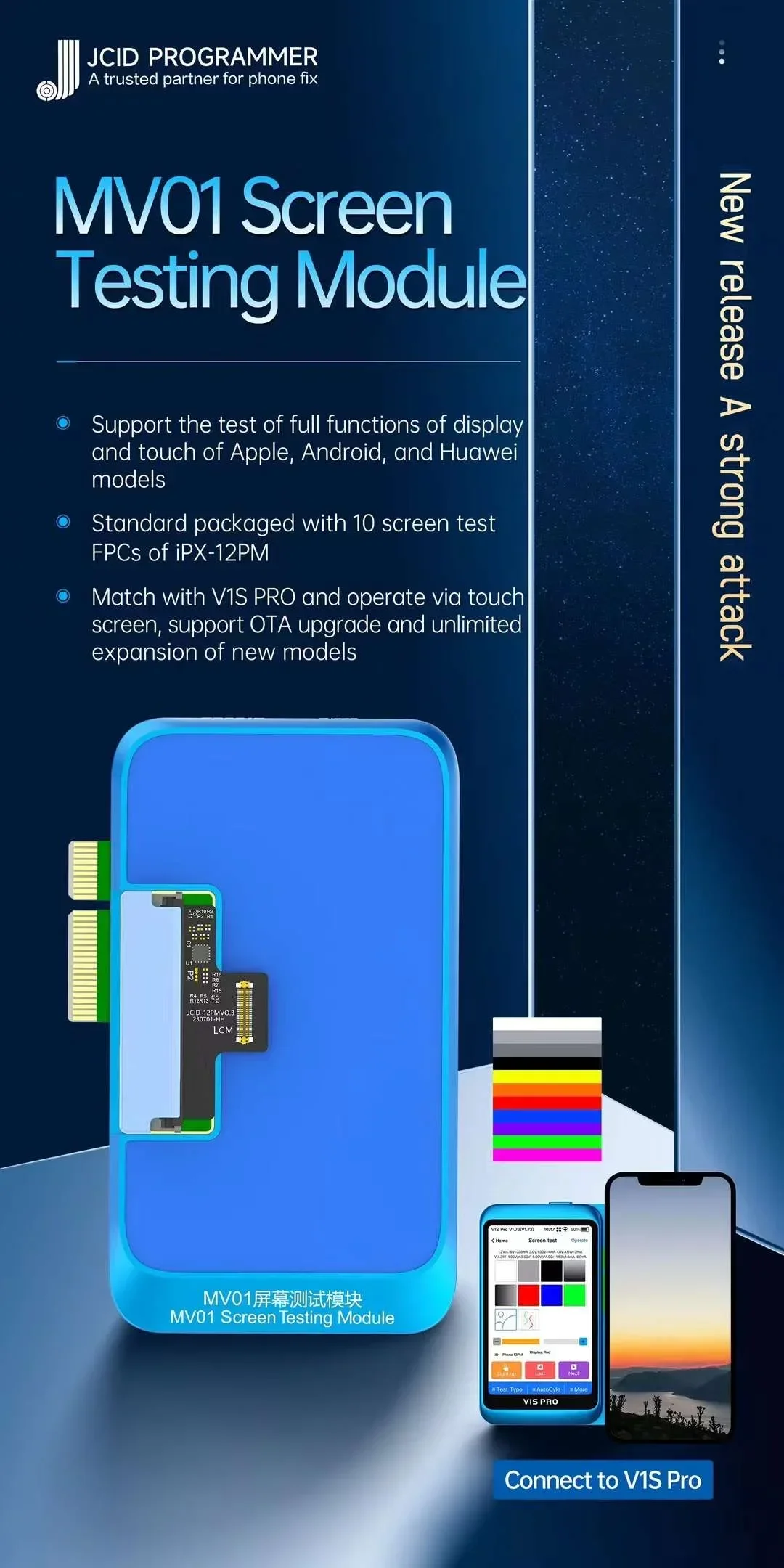 Jcid New V1S Pro Display Screen Test Board Per Iphone X 11 12 13 14 Pro Max Per Screen Battery Face Id Repair Programmer Tester