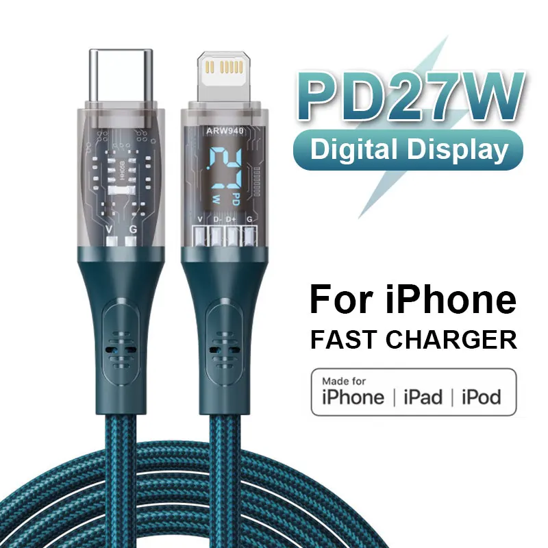 Cavo Display Digitale Da 27W Pd Usb-C A Lightning Per Iphone 14 13 12 11 Pro Max Mini Fast Charger X Xs Xr 7 8 6 Plus Se 2020 Wire