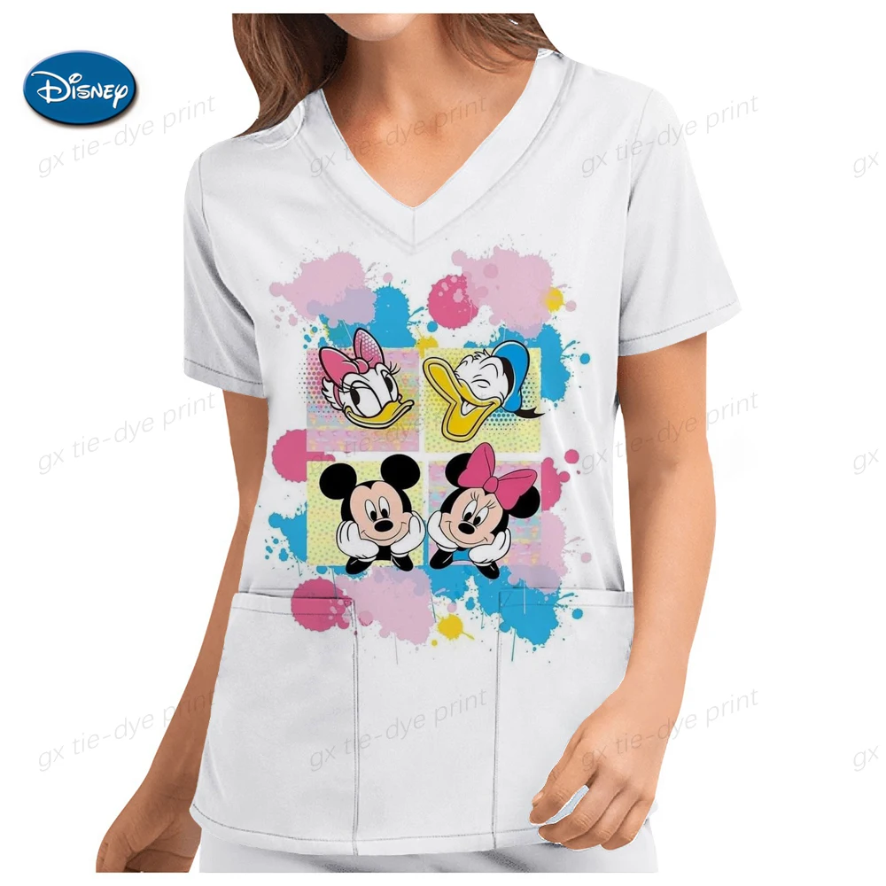 Disney Uniform Mickey Women'S Mickey Mouse Cartoon 3D Print Nurse Work Shirt Pocket Gown Christmas Healthcare Nurse Scrubs