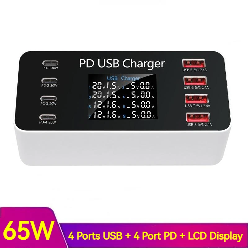 65W Multi Usb Fast Charger Station 4 Porte Usb 4 Porte Pd 30W Ricarica Carregador Per Tablet Smartphone Iphone 14 13 Samsung S23