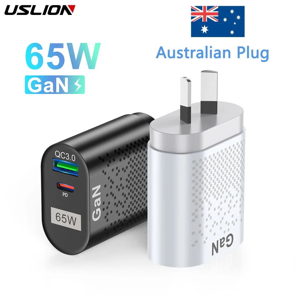 Uslion Australian Plug 65W Gan Charger Per Australia Nuova Zelanda Au Plug Pd 33W Caricabatterie Rapido Qc 3.0 Adattatore Usb Per Iphone Sony