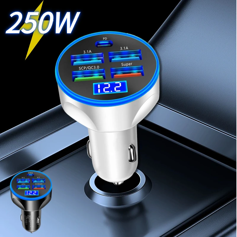 Caricabatteria Da Auto 5 In 1 250W 4Usb Pd Ricarica Rapida Tipo C Caricabatteria Da Auto Per Cellulare Per Iphone Samsung Huawei Xiaomi Qc 3.0