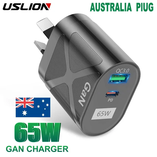 Caricabatterie Uslion 65W Gan Per Australia Nuova Zelanda Plug Pd 33W Usb-C Caricabatterie Rapido Typec Per Iphone 14 Xiaomi Samsung S22 Macbook