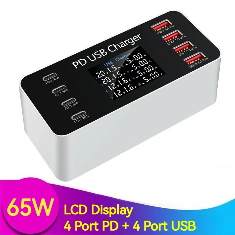 65W Multi Pd Usb Fast Charger Display Lcd 8 Porte Usb Pd 30W Stazione Di Ricarica Per Tablet Smartphone Iphone 14 13 Samsung Xiaomi