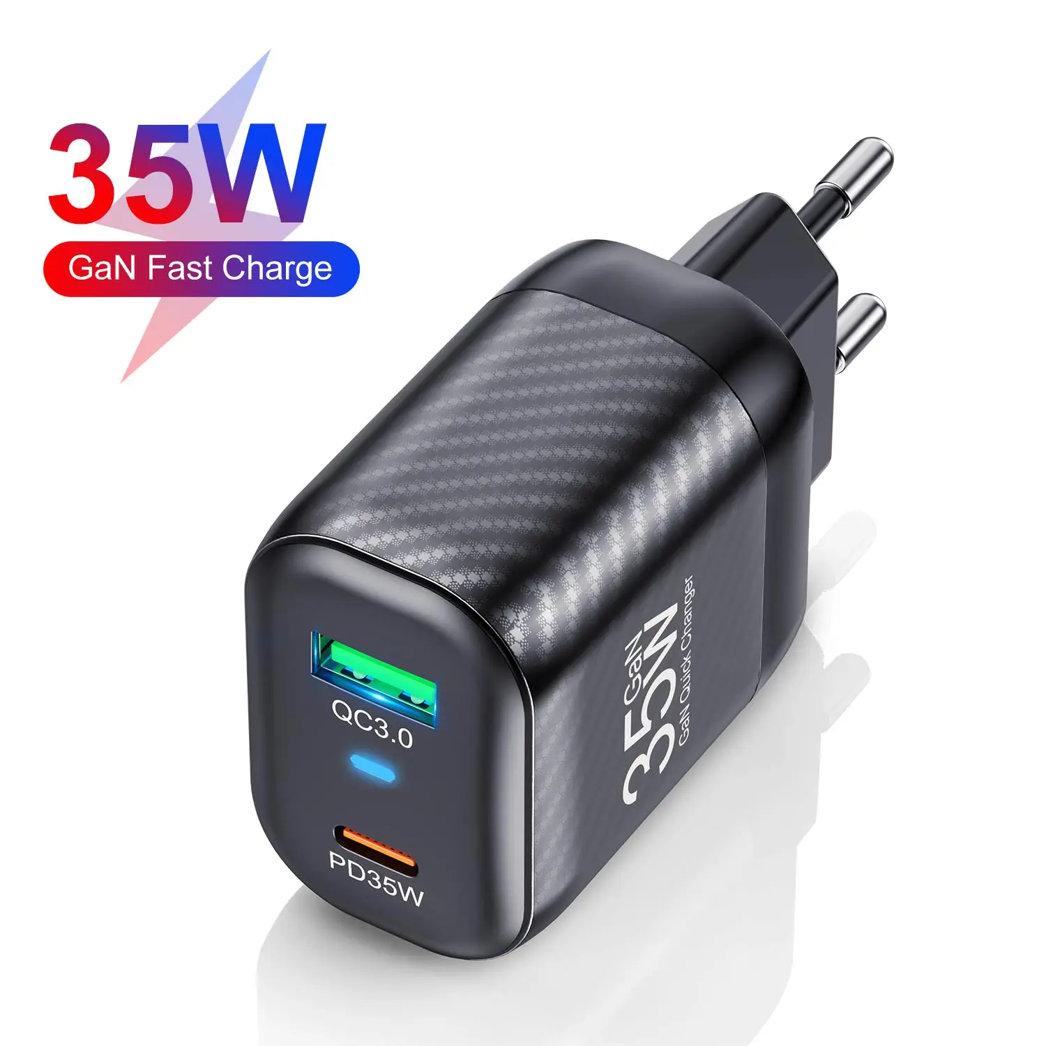 Pd 35W Gan Charger Qc3.0 Usb C Ricarica Rapida Fibra Di Carbonio Kr Eu Us Plug Per Iphone 15 Pro Max Xiaomi 14 Samsung Oneplus