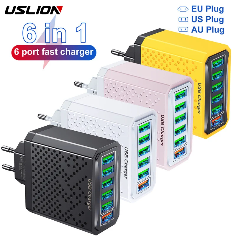 Caricabatterie Usb Uslion 6 Porte Caricabatterie Rapido Da Viaggio 3A A Ricarica Rapida Per Iphone 15 14 Poco Xiaomi Cellulare Adattatore Eu/Kr/Us/Uk/