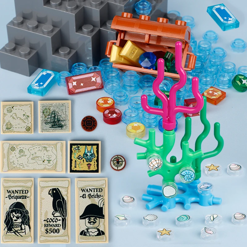 Moc Treasure Hunting Map Stampato Building Blocks Coral Shell Conch Diamond Preziosi Depositi Pirate Parrot Compass Bricks Toys
