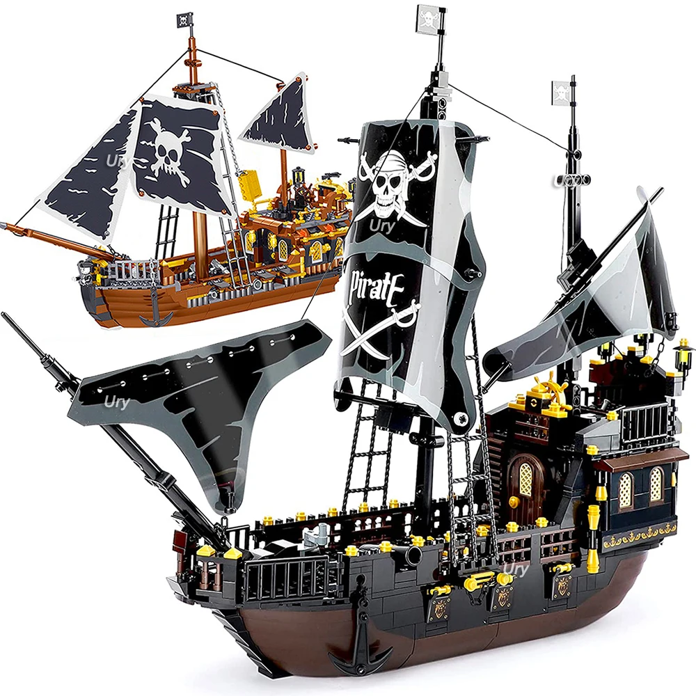 Pirates Ship Adventure Ideas Black Boat Island Storm Vessel Flagship Movie Building Blocks Houseboat Model Toy For Kid Xmas Gift