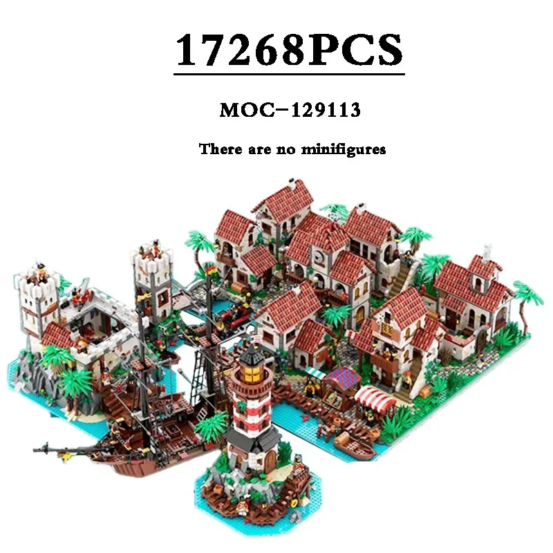 Moc-129113 New Medievale Pirate Town Building Castle Ultimate Pirate Port Building Block Assembly Model Regalo Giocattolo Di Compleanno Per Adulti
