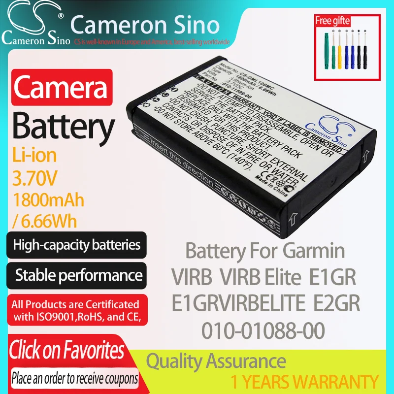 Batteria Cameronsino Per Garmin Virb Virb Elite Virb Elite Action Hd Camera 1.4 E1Gr E2Gr Adatto Per Batteria Fotocamera Garmin 010-01088-00