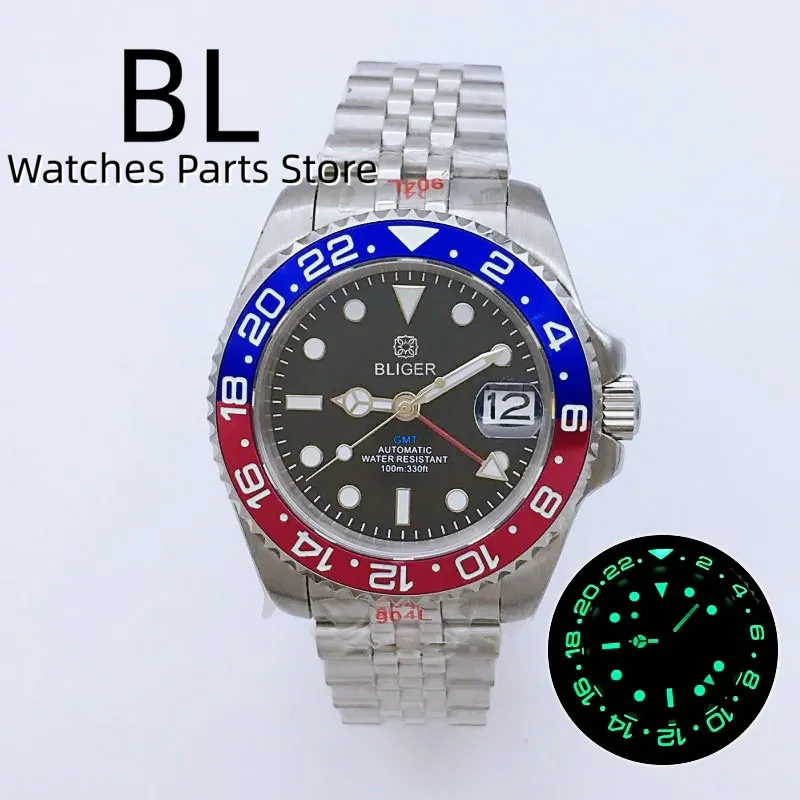 Bliger 40Mm Nh34A Gmt Nero Blu Inserto Custodia Dg3804 Movimento Automatico Orologio Da Uomo Quadrante Luminoso Bracciale Jubile Vetro Zaffiro