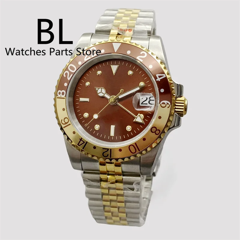 Bliger 40Mm Rootbeer Gmt Men Watch Nh34 Movimento Automatico Luxury Two Tone Gold Case Bracciale Quadrante Marrone Vetro Zaffiro Luminoso