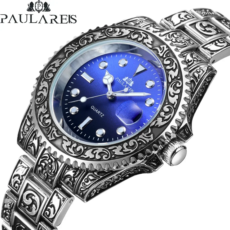 Orologio Alla Moda Per Uomo Intagliato Antico Vintage Luminoso Oro Giallo Rosa Argento Sfumato Classico Quarzo Reloj Hombre Baratos
