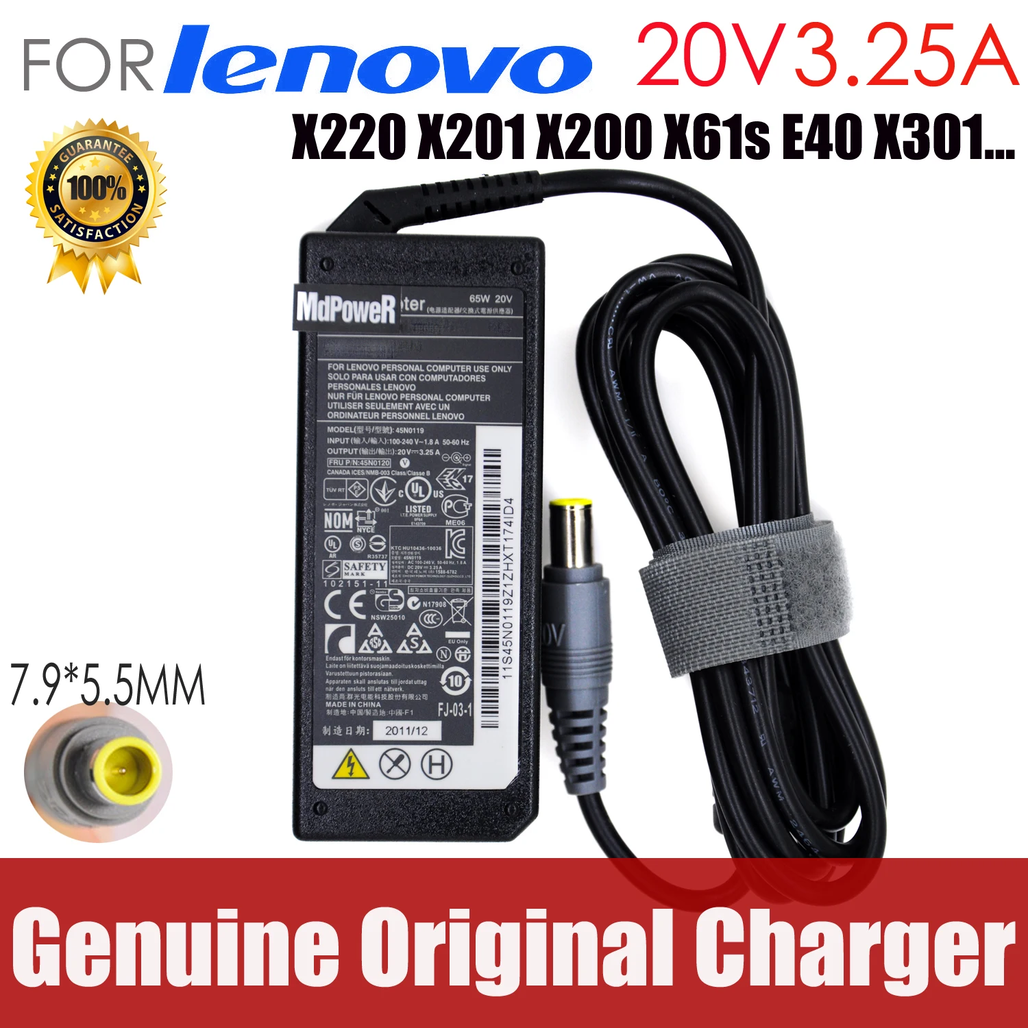 Original 20V 3.25A Ac Adapter Laptop Charger For Lenovo Thinkpad R60 R61 T60 T61P X220 X201I X61S X200 X60 X61 E40 X301 45N0119