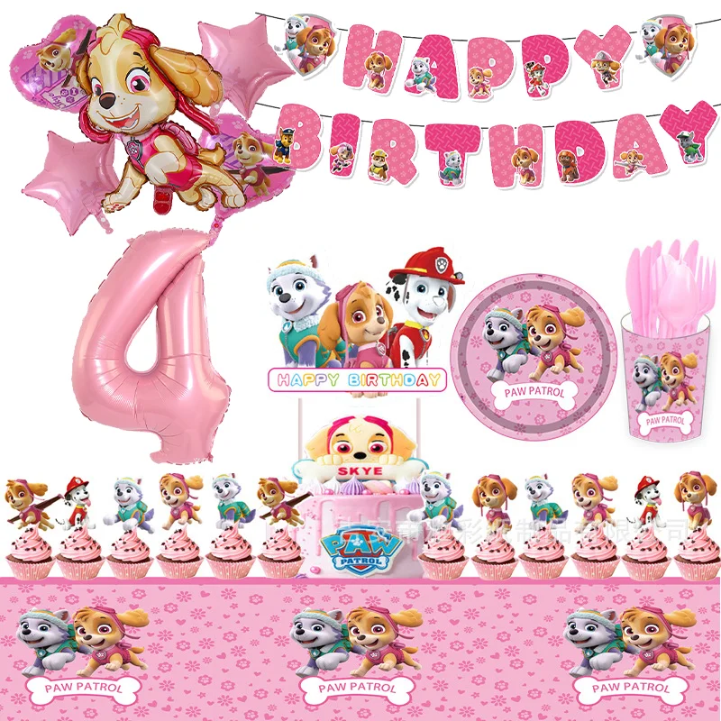 Paw Patrol Skye Pink Girl Theme Birthday Party Decoration Balloon Cups Tovaglioli Tovaglia Stoviglie Happy Birthday Banner