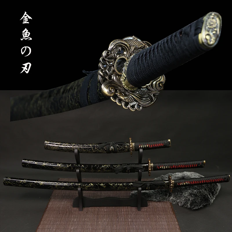 Completo Spade 3 Pezzi Set 1060 Acciaio Al Carbonio Dragon Tsuba Full Tang Black Sageo Sheat In Legno Con Motivo Dorato Cosplay Catana