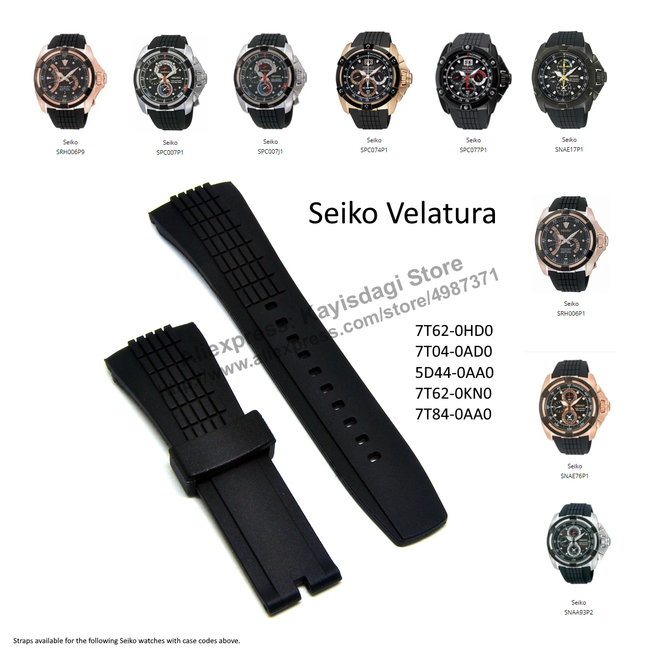 Cinturino Per Cinturino In Gomma Nera Da 26Mm Compatibile Per Seiko Velatura 7T62-0Kn0 - Snae17P1