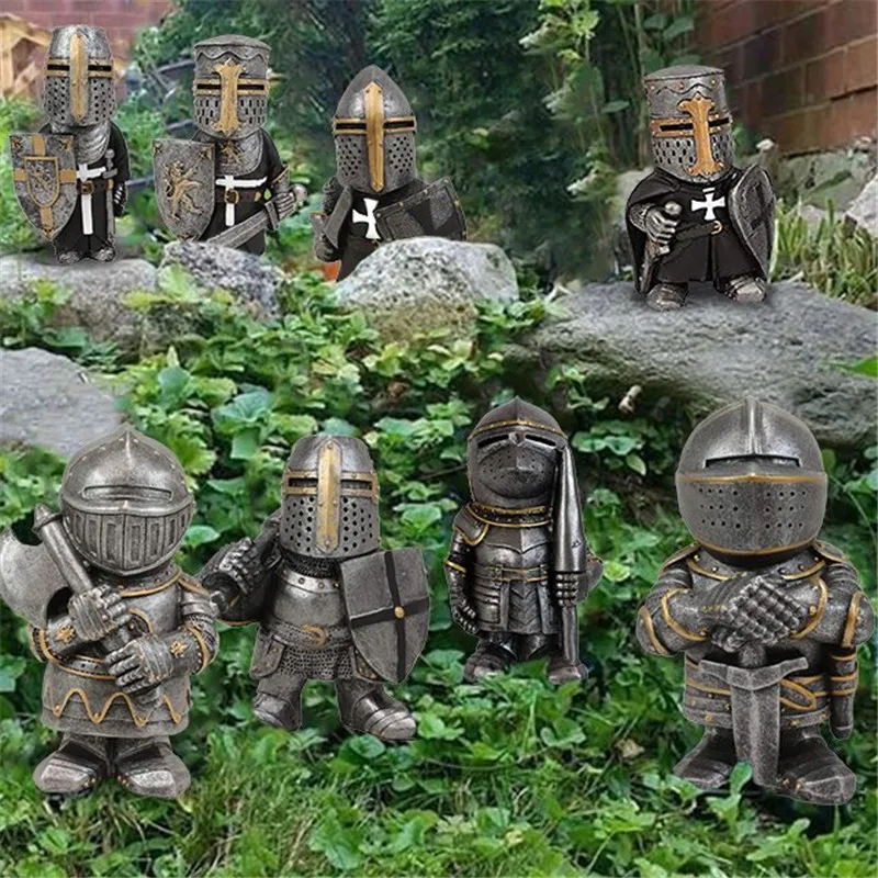 Knight Gnomi Garden Statue Guard Cross Templar Nano Guard Armor Samurai Miniature European Knight Resin Garden Decoration