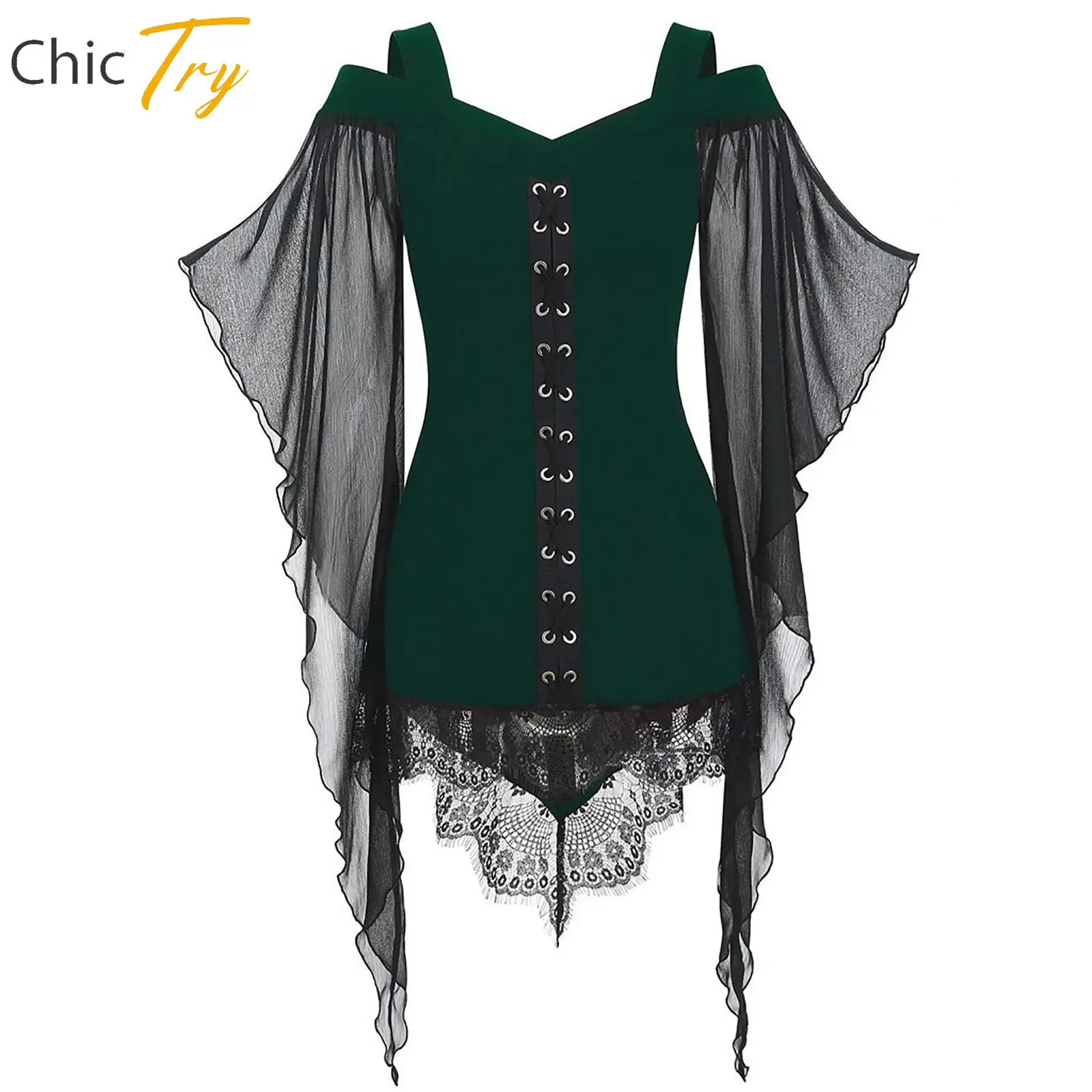Womens Gothic Lace-Up Renaissance Flare Mesh Sleeve Off-Spalla Lace-Up Asimmetrico Top Steampunk Costumi Per Halloween