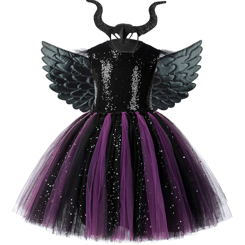 Costume Di Halloween Per Bambini Evil Queen Malefice Tutu Dress Sparkly Paillettes Cattivo Strega Cosplay Tulle Princess Dress For Girls