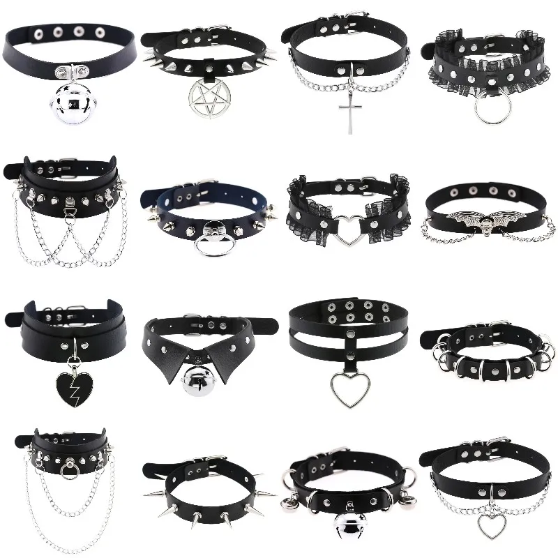 Trendy Punk Spike Rivet Leather Women Choker Bell Pentagram Harajuku Collar Collane Fatte A Mano Boho Gothic Girl Collier Jewelry