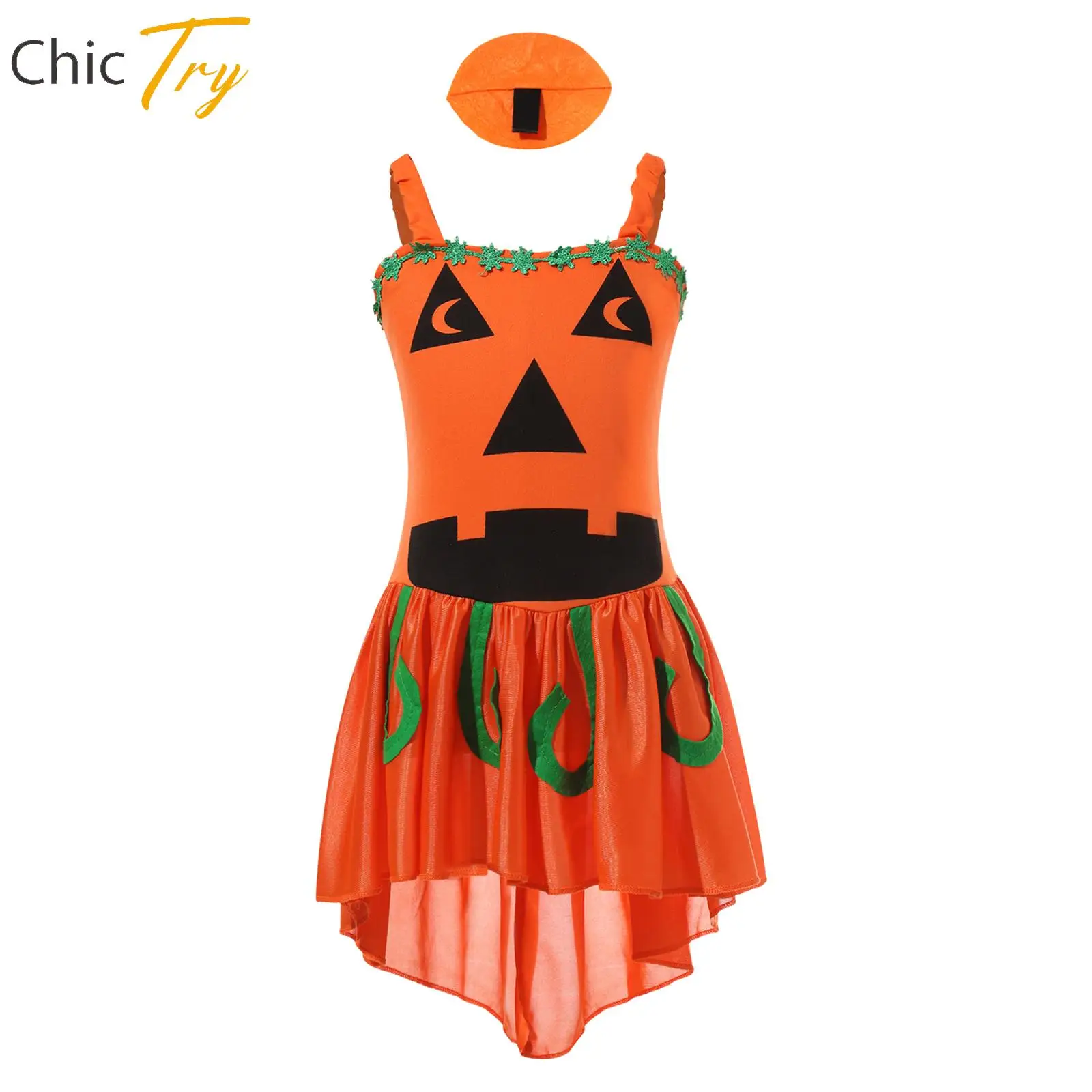 Kids Girls Halloween Dress Up Costume Pumpkin Witch Costume Senza Maniche Sketch Specter Print Pumpkin Dress Con Copricapo A Forcina