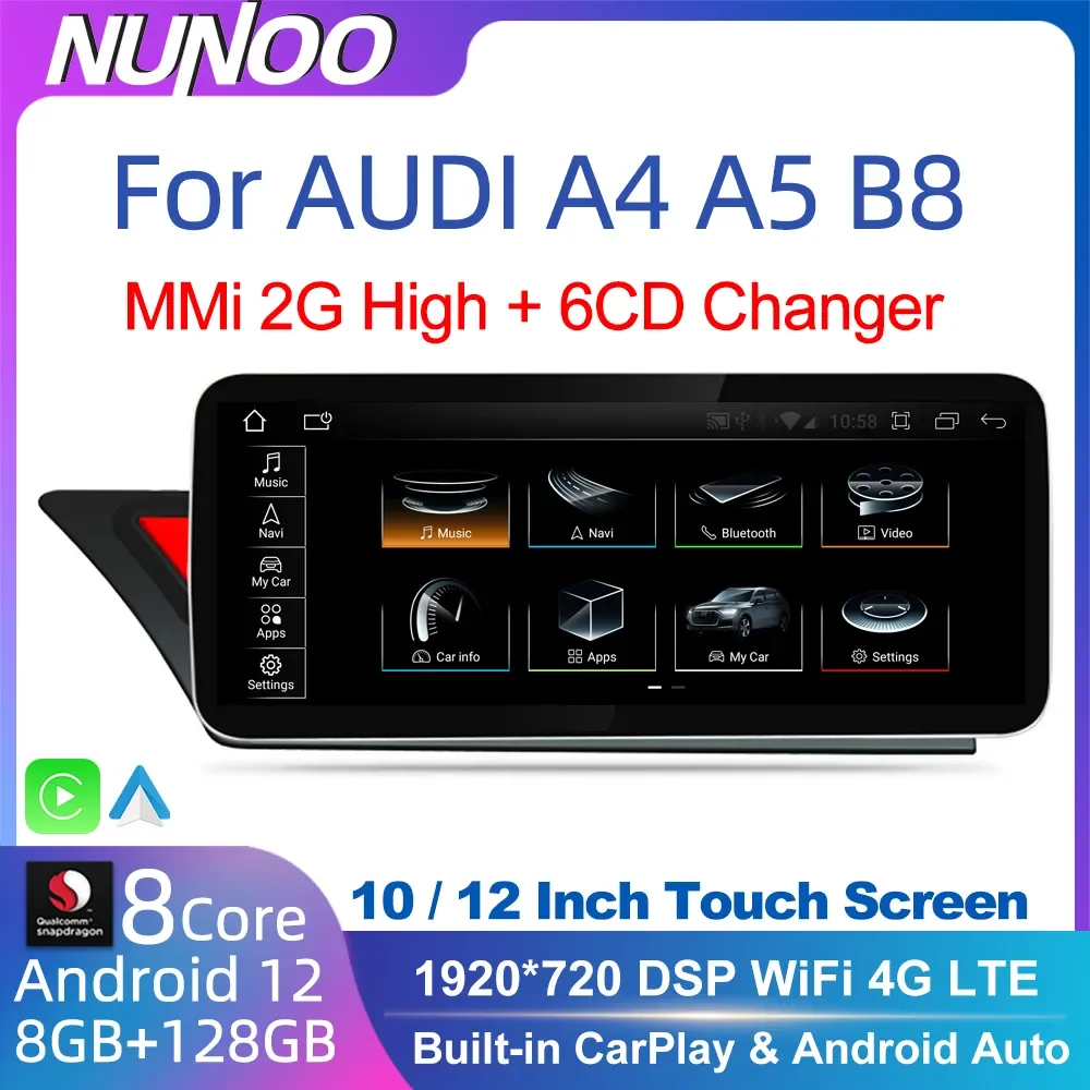 Android 12 Carplay Per Audi A4 B8 A5 2008 2009 2010 Mmi 2G High Cd Changer Car Stereo Player Multiemdia Gps Navi Wifi