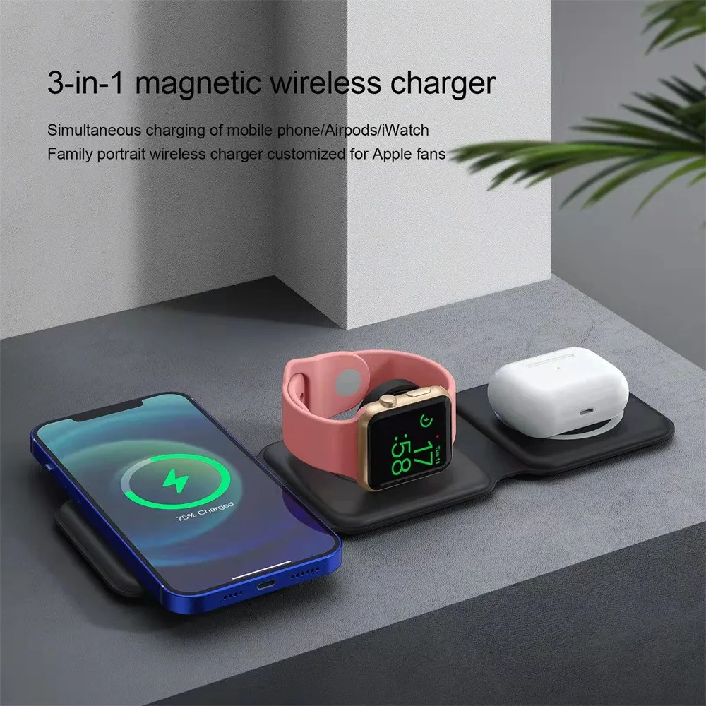 3-In-1 Magsafe Wireless Charger Base Per Iphone 14 13 12 11 Pro Max Apple Watch 8 7 6 Per Airpods Pro Fast Wireless Charger Dock
