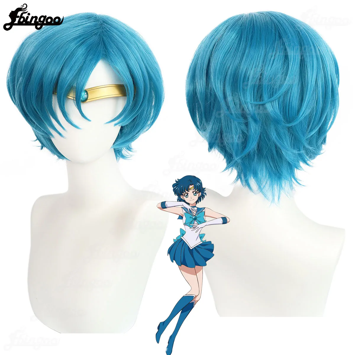 Ebingoo Synthetic Wig Sailor Mercury Mizuno Ami Cosplay Wig Short Blue Hair Heat Resistant Fiber Role Play Halloween Costume Wig