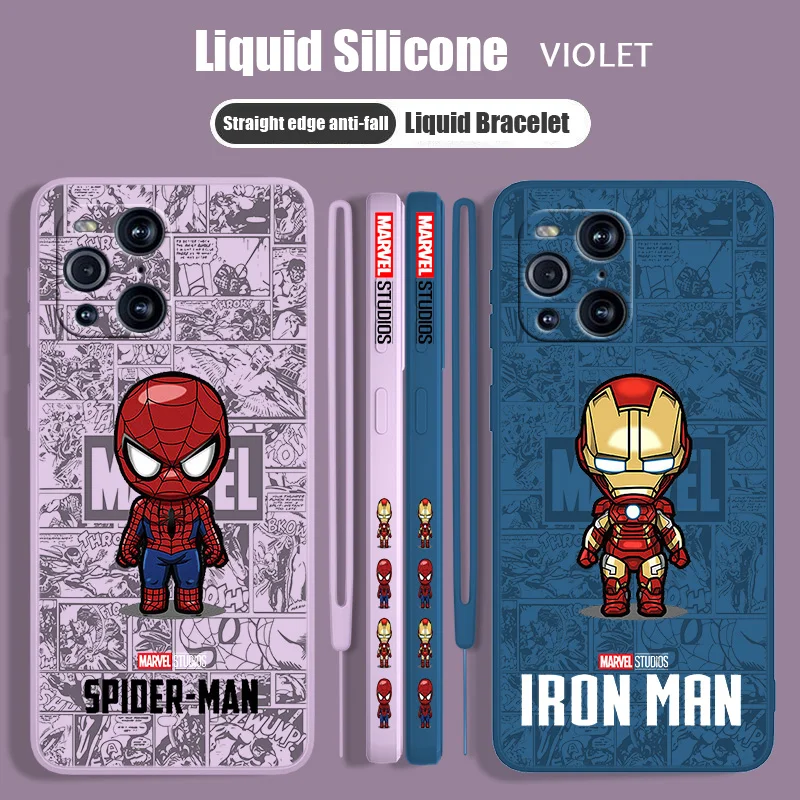 Marvel Q Version Heroes Liquid Left Rope Phone Case Per Oppo Find X5 X3 X2 Lite Pro Neo 5G Lanyard Funda Soft Tpu Cover