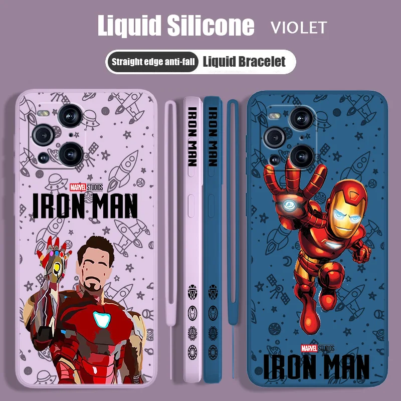 Marvel Iron Man Liquid Left Rope Phone Case Per Oppo Find X5 X3 X2 Lite Pro Neo 5G Lanyard Funda Soft Tpu Cover