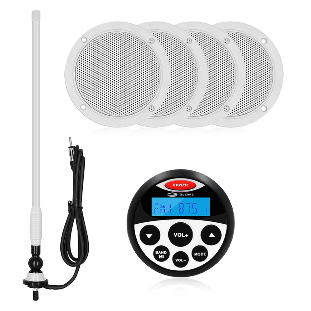 Marine Stereo Audio Bluetooth Radio Fm Am Media Receiver Player + 4 "Marine Waterproof Speaker + Antenna Per Atv Golf Cart Motorcycl