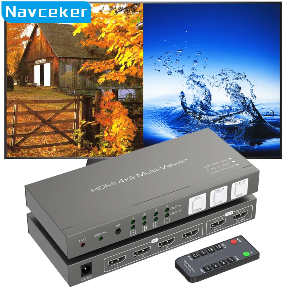 Navceker Hdmi 4X2 Switcher Multi-Viewer 4K Seamless Quad Screen Multi Viewer Splitter 4 In 2 Out Adattatore Switch Hdmi Ir Per Pc