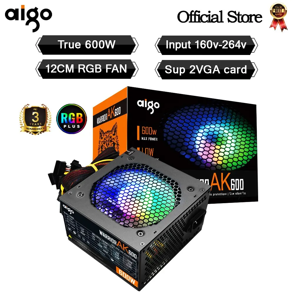 Aigo Ak 600W Pc Psu Alimentatore Nero Gaming Silenzioso 120Mm Rgb Fan 24Pin 12V Atx Alimentatore Per Computer Desktop Per Btc