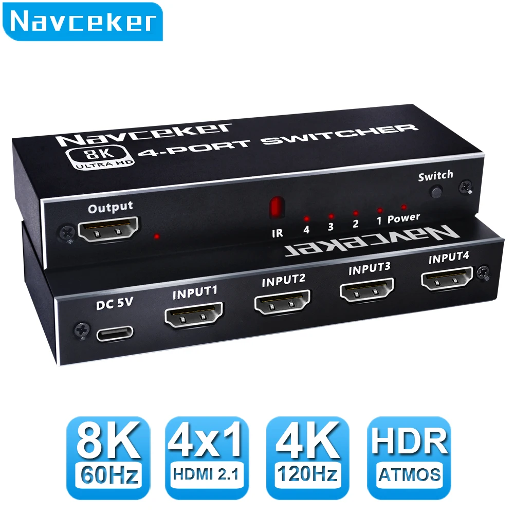 Navceker 8K Hdmi 2.1 Switcher Selector 4K 120Hz Hd Switch Splitter Hdmi 4 In 1 Out 3 In 1 Out Per Laptop Pc Switch Tv Box Ps5