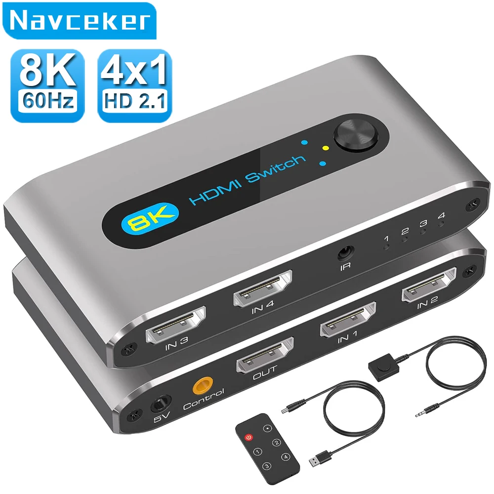 Navceker Hdmi 2.1 Switch Splitter 120Hz 4 Porte Hdmi 4K 120Hz Splitter Switcher 48Gbps Hdmi 2.1 Switch 8K Con Telecomando Dolby Vison
