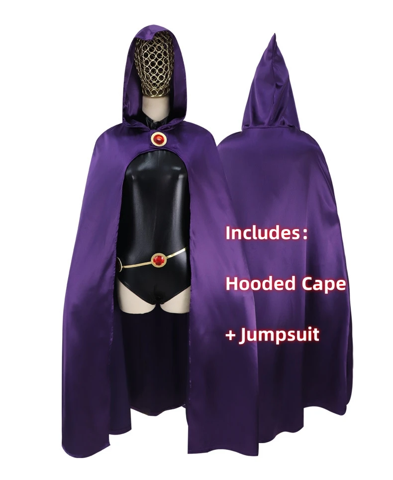 Teen Titans Raven Costume Cosplay Supereroe Mantello Tute Halloween Vestiti Attillati Mantello Con Catena Di Gioielli In Vita Abiti Di Carnevale