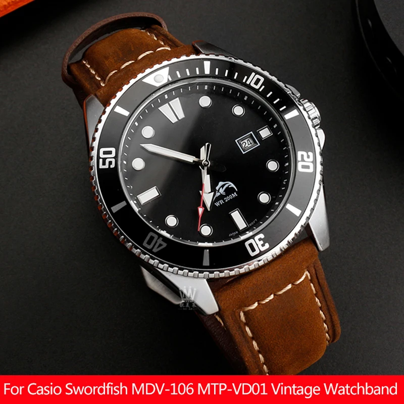 20Mm 22Mm Cinturino Vintage Smerigliato Per Casio Pesce Spada Water Ghost Mdv-106 Mtp-Vd01 Mtp-1374 Mtp-1375 Mdv106 Bracciale Con Cinturino