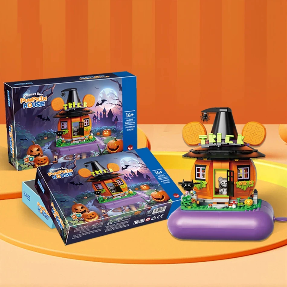 Bear Street View Building Block Pumpkin House Bricks Halloween Dolcetto O Scherzetto Ghost Magic Music Box Giocattolo Educativo Per Regalo Per Bambini