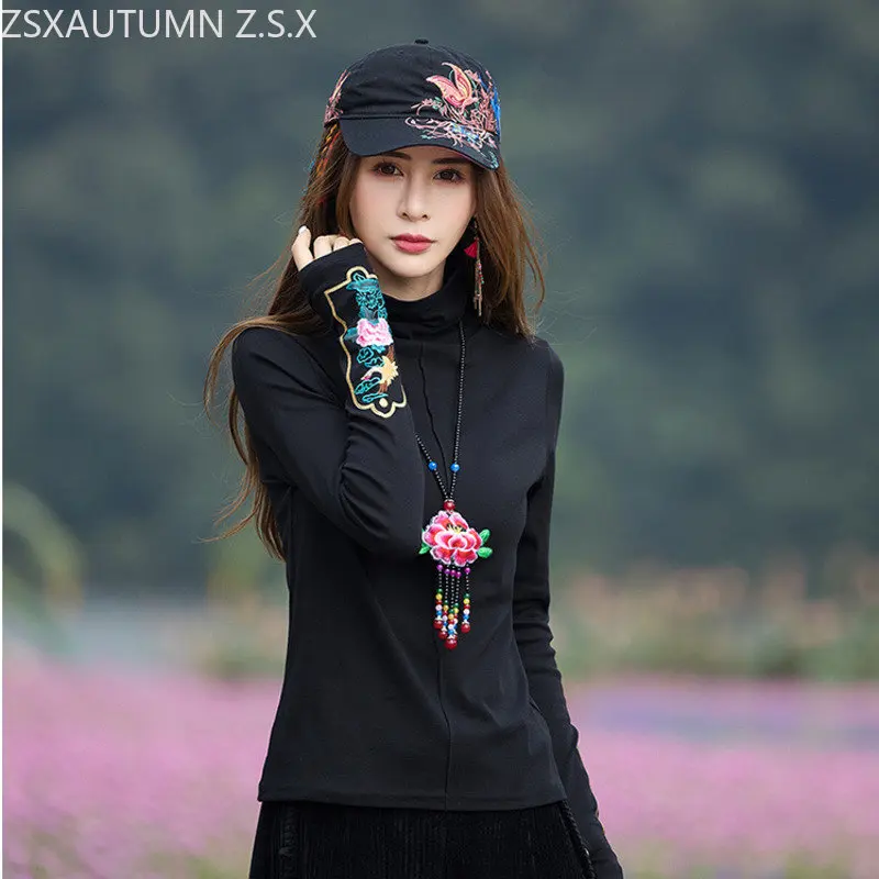 Pullover Cinese A Maniche Lunghe Selvaggio Nero Ricamo Dolcevita Stile Nazionale Slim T-Shirt Donna Vintage Harajuku Top Eleganti